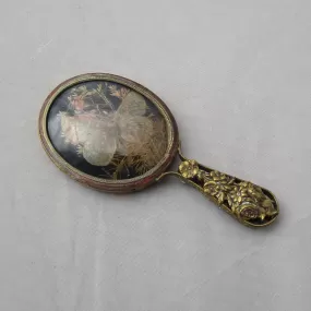 Miniature Handheld Filigree Gilt Metal Mirror Antique Victorian c1880